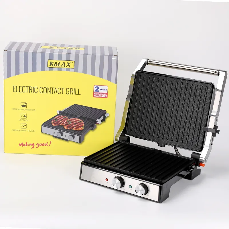 Panini press grill temperature control and timer opens 180 degrees removable drip tray 2200W stainless steel kolax sandwich make