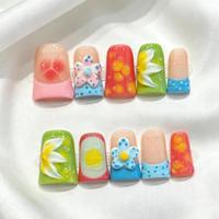 Faux Ongles à Presser Faits Main Motif Plumeria Pois Aura French Manucure Nude Pastel Brillant Effet Rosé 10 Pièces – Lot de Faux Ongles