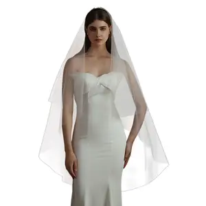 V308 Elegant Wedding Bridal Handmade Veil Two-Layer Semi-Transparent Tulle Crystal Beading White Long Veil with Hair Comb