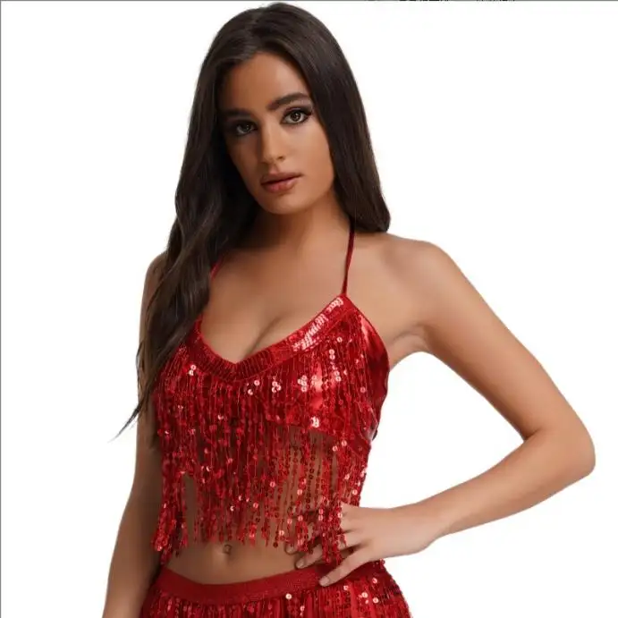 Belly Dance Hip Sequin Fringed Skirt with Bra Top Sequins Tassel Hip Scarf Rave Party Costume for Women
