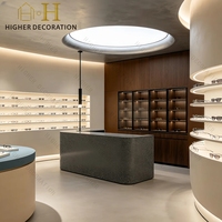 Vitrine de présentation de lunettes en bois, mobilier de showroom pour lunettes avec comptoir optique en verre trempé
