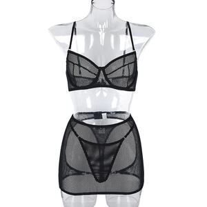 Erotik iç çamaşırı örgü şeffaf sutyen 3-Piece katı dantel iç çamaşırı jartiyer dikişsiz egzotik setleri See Through - Product Image 5