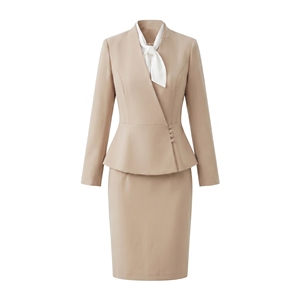 Conjunto de Blazer y Falda con Cuello Alto y Peplum Color Caqui para <span class=keywords><strong>Mujer</strong></span>, Marca Merican, con Lazo y Pañuelo, Formal, para Recepción de Hotel, Uniforme de Recepcionista, 100% - Product Image 2