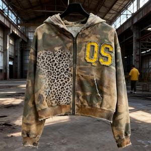 Sweat à capuche en coton épais motif léopard, broderie logo personnalisée, sweat à capuche camouflage zippé, sweat à capuche oversize court délavé à l'acide - Product Image 5