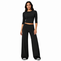 Ensemble de yoga doux et brossé pour femme : haut court à manches longues et pantalon large taille haute extensible pour le fitness et les loisirs