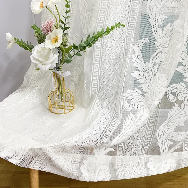 Floral jacquard kitchen trim beige warp sheer knit voile gauze polyester embroidery lace fabric sheer curtains for hotel