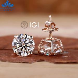 Boucles d'oreilles en or massif 14k 18k avec diamants de laboratoire certifiés IGI HPHT CVD, 4 griffes, clous de laboratoire, 1 2 3 carats - Product Image 2