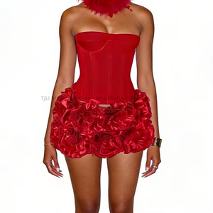 Women's Strapless Corset <b>Top</b> & 3D Floral Mini Skirt Set - Lace-Up Back Corset With <b>Rose</b> Hem Skirt 2 Piece Set Fashion - Product Image 4