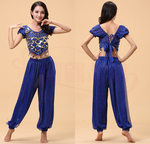 Sparkly <span class=keywords><strong>Bollywood</strong></span> Indian Cosplay Outfits Sequin Puff Sleeve Crop Top con pantalones Harem para el rendimiento - Product Image 6