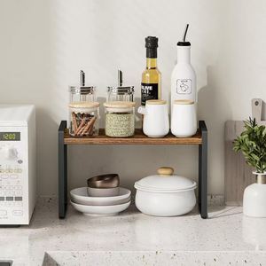 Wooden Double Layer <b>Storage</b> Rack Iron Frame Rectangle <b>Kitchen</b> Spice Organizer Standing Type Multifunctional Shelf <b>Unit</b> - Product Image 4