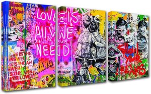 Graffiti Street Art Banksy Canvas Wall Art for Living Room Decor 3 Pieces Little <strong>Couple</strong> Picture Print Pop <strong>Artwork</strong> - Product Image 2