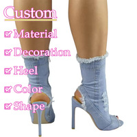 Vente en gros Talons hauts mi-mollet en jean à bout ouvert personnalisés Bootie Stiletto Femmes Bleu Talons fins Bottines Personnaliser