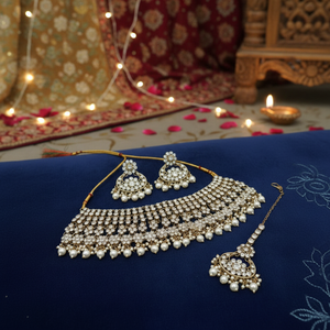Luxury Copper Gold Plated Pearl Bridal Set Choker Necklace Earrings Maang Tikka-Ethnic <b>Indian</b> Design Wedding Engagement Party - Product Image 3