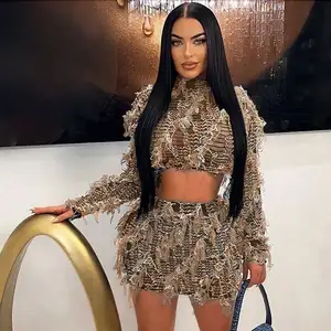 Hot selling women's long sleeved slim fit with exposed navel top high waisted short skirt two-piece set for foreign trade