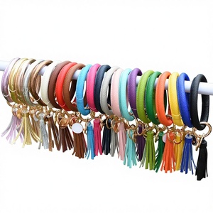 Bracelet en <span class=keywords><strong>cuir</strong></span> PU tie-dye avec pampilles, porte-clés, pendentif, breloque, bracelet de poignet, bijoux bohèmes pour femme – 4 styles - Product Image 1