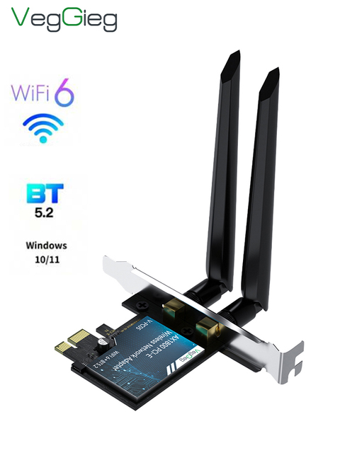 Veggieg AX1800 PCIE WiFi6 5.2 Combo Adapter Dual Band 2.4G 5G Wireless PCI-E WiFi Card with 5dBi High Gain Antennas