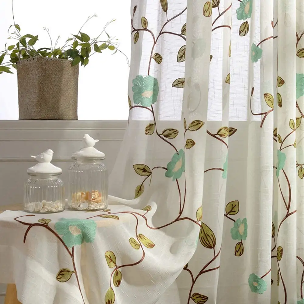 Cortinas de lino para ventanas del hogar, diseño bordado elegante