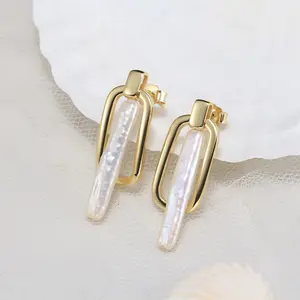 14K Gold Plated 925 Sterling Silver Round Stud White Cultured Freshwater Pearl Lightweight Chunky Earrings For Women Girls