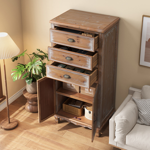 Rustic Wooden <b>Storage</b> Cabinet With 3 Drawers And Doors Tall <b>Narrow</b> Organizer For Living Room Bedroom Natural Finish - Product Image 4