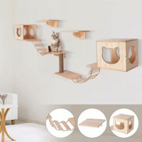 Ensemble d'ameublement mural pour chat en bois massif, avec étagère intérieure, maison pour chat, 2 litières, 4 éléments, 2 échelles et 1 colonne