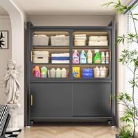 Lemari Rak Dapur Pintu Geser Kabinet Lantai Multifungsi Bufet Penyimpanan Berlapis-lapis Baja Logam