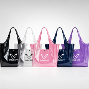 Sac fourre-tout personnalisé en PVC transparent avec motif lettres, taille moyenne, poignée longue en sangle PP, noir et blanc, pour courses - Product Image 1