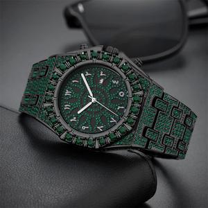 Hoge Kwaliteit Zwart Metaal Kleur Lichtgevende Waterdichte Kalender Met Volledig Groene Strass Arabische Schaal Hiphop Heren Quartz Horloge - Product Image 3