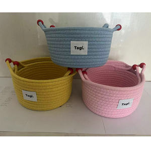 Tagi Woven <b>Storage</b> <b>Basket</b> Round Cotton <b>Rope</b> Handmade Organizer For Toys Cosmetics Snacks Bedroom Desk Use Yellow Pink Blue - Product Image 1