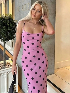 Robe longue sirène moulante en satin à pois pour femme, avec bretelles spaghetti et dos croisé - Product Image 4