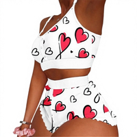 Ensemble 2 pièces pour femme, taille élastique, pyjama d'été, short et débardeur imprimé cœurs, lingerie sexy, nuisette
