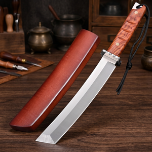 Cuchillo de cocina de hoja fija de acero inoxidable con mango de madera, filo recto de 0.6 mm de grosor para uso en exteriores, calidad industrial. - Product Image 3