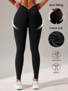 Leggings de Yoga Sólidos de Cintura Alta, Sin Costuras, con Detalles Blancos y Diseño Fruncido en los Glúteos, para Gimnasio, Correr y Entrenamiento - Product Image 3
