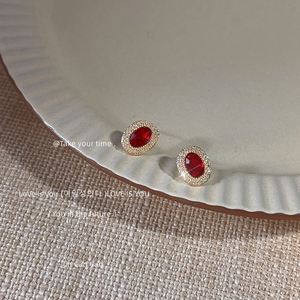 Light Luxury Brass Shiny Oval Red Zircon <b>Stud</b> <b>Earrings</b> S925 Silver Needle 14K Gold Tiny Zircon <b>Earrings</b> for Women - Product Image 5