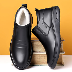 Bottes de neige d'hiver pour hommes, en cuir véritable, doublure en laine, antidérapantes, bout rond, chaussures mi-mollet pour papa âgé - Product Image 1