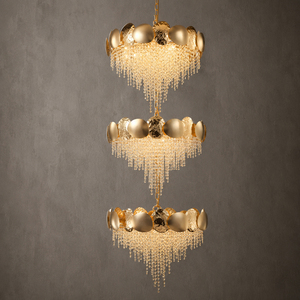 Lámpara colgante de cristal en cascada de lujo moderno con marco dorado de tres niveles para decoración de villas dúplex - Product Image 3