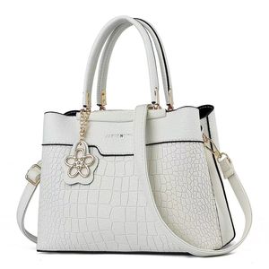 Bolso de Mano de Microfibra con Patrón de Cocodrilo Blanco para Mujer, Marca JANE&NOVO, con Adorno de Flor y Correa Extraíble, Elegante Bolso Tote para Uso Diario - Product Image 1