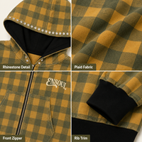 Blousons à capuche zippés vintage à carreaux pour hommes, avec strass, coupe décontractée, vêtements d'extérieur, logo personnalisé, streetwear, crop hoodie, usine OEM