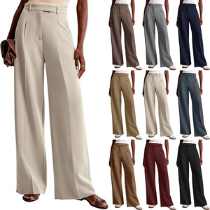 Pantalon de travail décontracté uni pour femme, taille haute, coupe droite, fermeture éclair, jambe large drapée, idéal pour l'été et le bureau, modèle ODM - Product Image 2