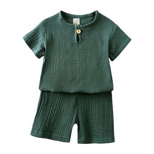 夏季儿童男童纯色休闲套装棉麻短袖T恤短裤两件套男童衣服套装 - Product Image 5