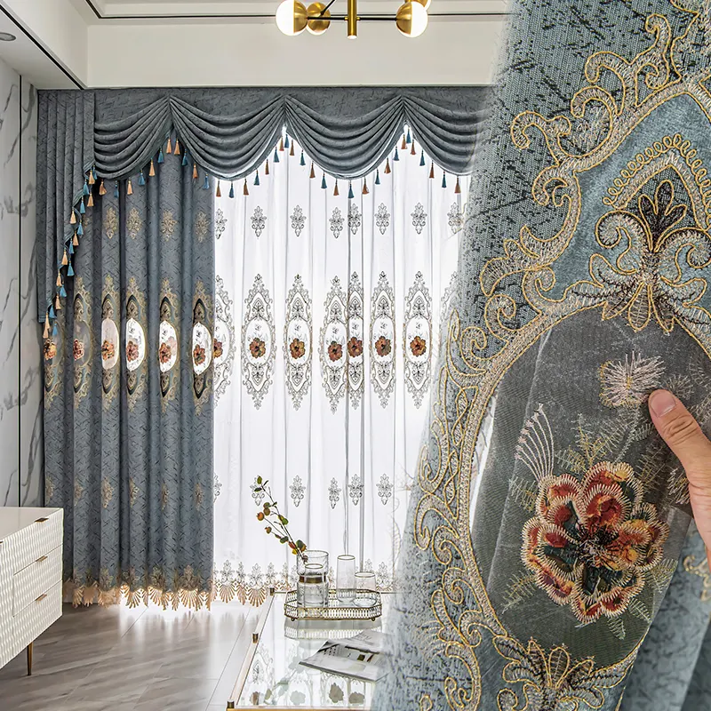 Cortina de chenilla gris de lujo con patrón bordado para sala de estar, cortinas europeas para dormitorio, venta al por mayor