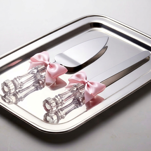 Juego de cuchillos para pastel con mango de cristal y decoraciones de lazo rosa, diseño moderno para bodas, celebraciones, vajilla, fiestas y eventos. - Product Image 1