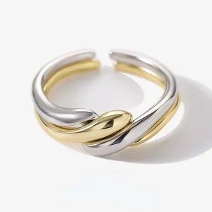 Wholesale Stacking Chunky Jewelry 925 Sterling Silver 18K Gold Plated Double Layer Wave Shaped Open Adjustable Rings Set YF2584