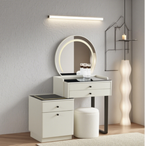 Bàn trang điểm tối giản hiện đại có gương vòng LED Mặt bàn màu đen trắng, tủ bên, ghế tròn - Product Image 3