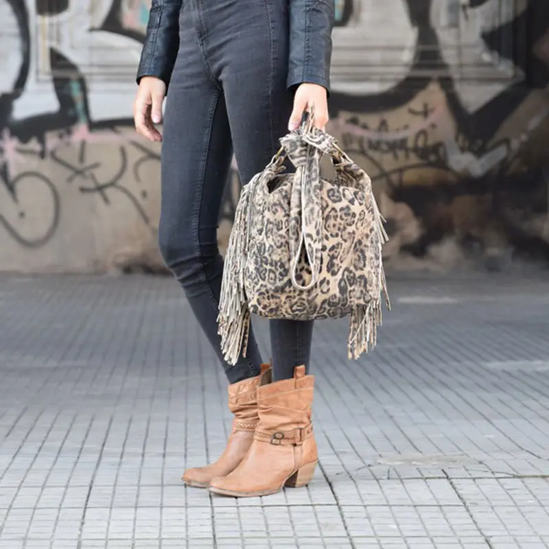 Diomo — sacs à main imprimé léopard avec franges, sac à bandoulière en Bronze, bourse pour femmes, avec pompon, tendance