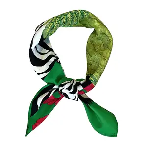 ヘッドスカーフ卸売エッジカスタムバンダナスカーフ女性のヘアデザイナースクエアグリーン縞模様のエッジ敷設100% サテンシルクスカーフ