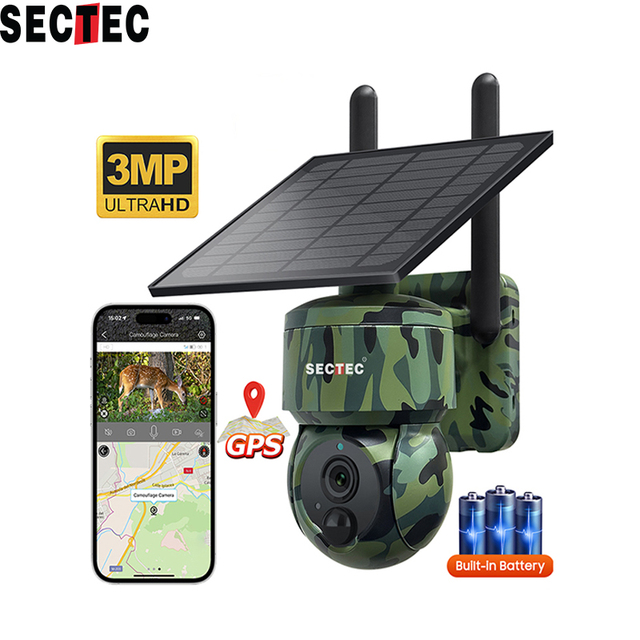Panorama Camouflage 3MP Outdoor Dual Lens Solar PTZ CCTV Camera GPS Tracking Night Vision 4G SIM Card IP66 Waterproof Battery