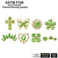Anting-anting tusuk titanium ASTM F136 bentuk kupu-kupu dengan zircon warna mint, flatback, perhiasan tindik tubuh, emas 18K