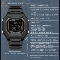Reloj Deportivo SANDA 2156 para Hombre, Caja Cuadrada, Resistente al Agua 5BAR, Correa de Goma, Repetidor, Esfera Grande, Reloj Digital LED