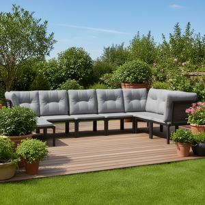 Ensemble de salon de jardin 6 places, structure en aluminium, résistant aux intempéries, mobilier d'extérieur design contemporain, coussins gris - Product Image 2