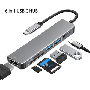 USB C适配器6合1集线器，带usb、PD、HDTV USB C适配器多集线器6端口类型c 6合1集线器